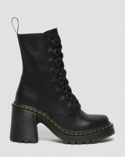 Dr. Martens Chesney Leren Veterlaarzen met Uitlopende Hak^WOMENS Hakken|Enkellaarzen