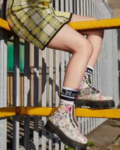 Dr. Martens Sinclair Leren Platform Laarzen Met Mash Up Bloemenprint^UNISEX Veterlaarzen|Enkellaarzen